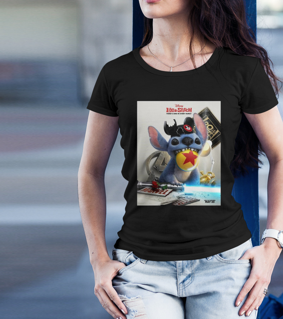 Disney Lilo And Stitch 2025 Featuring Iconic Pop Culture Mashup Elements T-Shirt