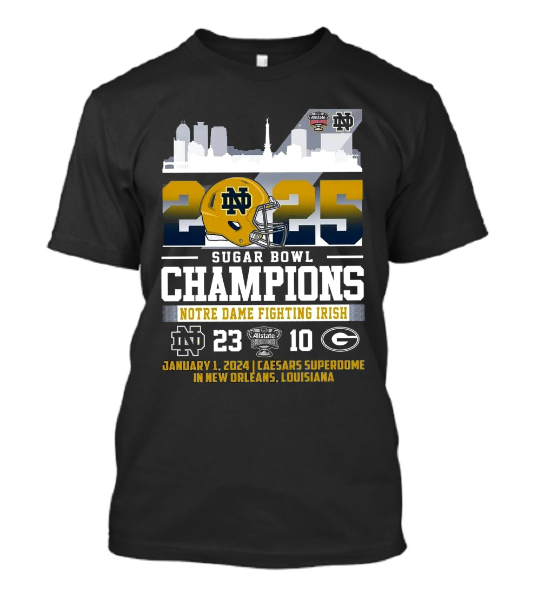 Notre Dame Fighting Irish 2025 Sugar Bowl Champions Skyline Helmet Victory T-Shirt