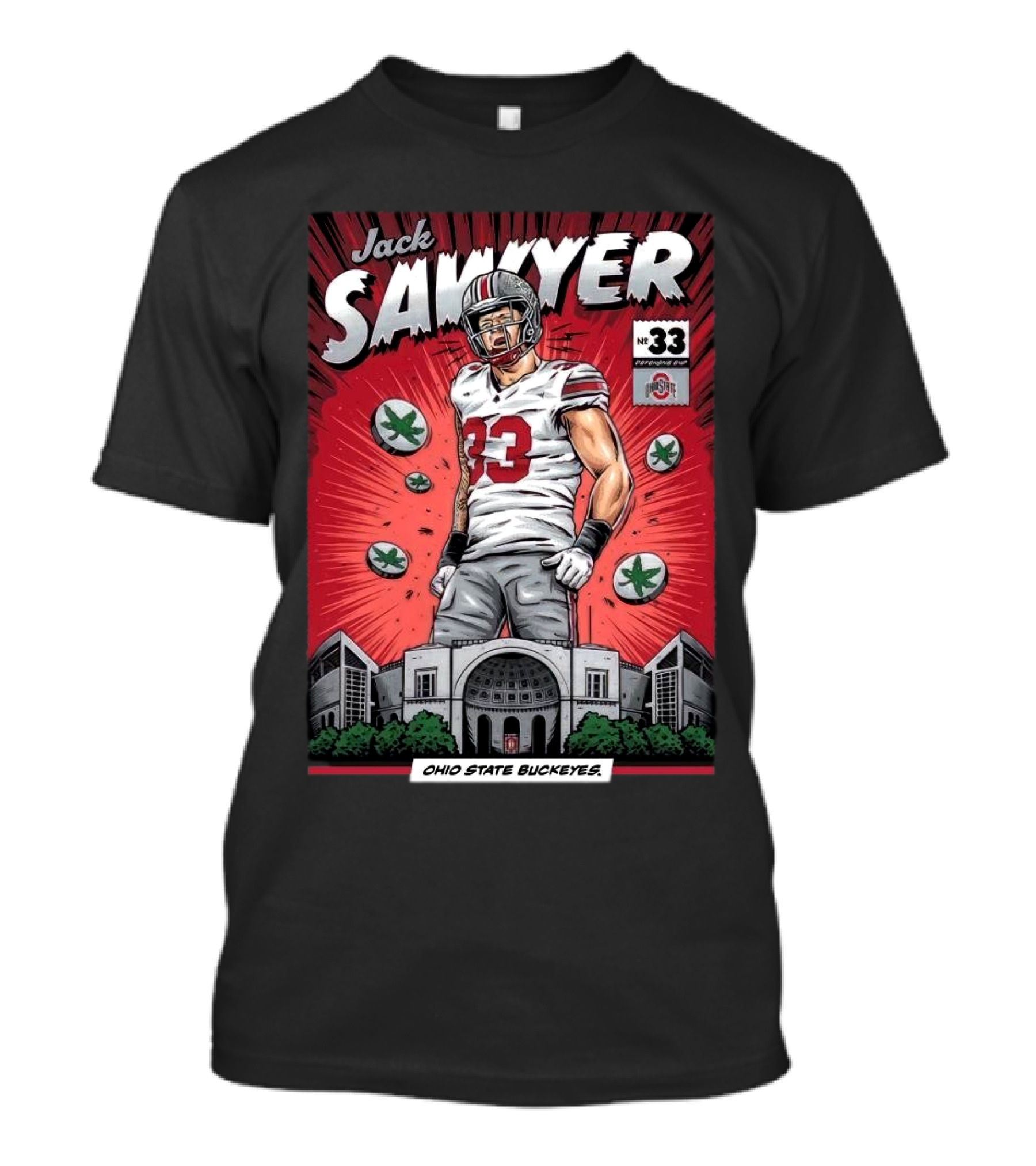 Jack Sawyer Ohio State Buckeyes 33 Comic Style Stadium And Leaves T-Shirt