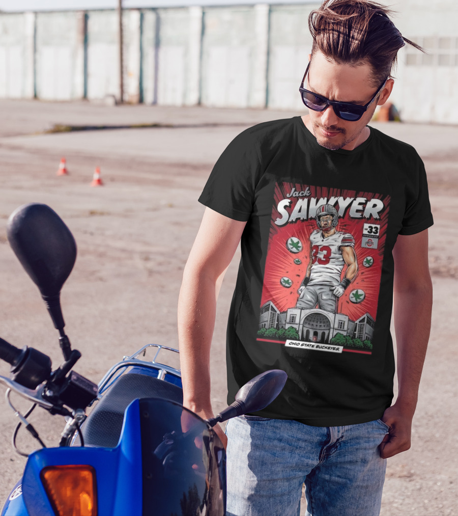 Jack Sawyer Ohio State Buckeyes 33 Comic Style Stadium And Leaves T-Shirt