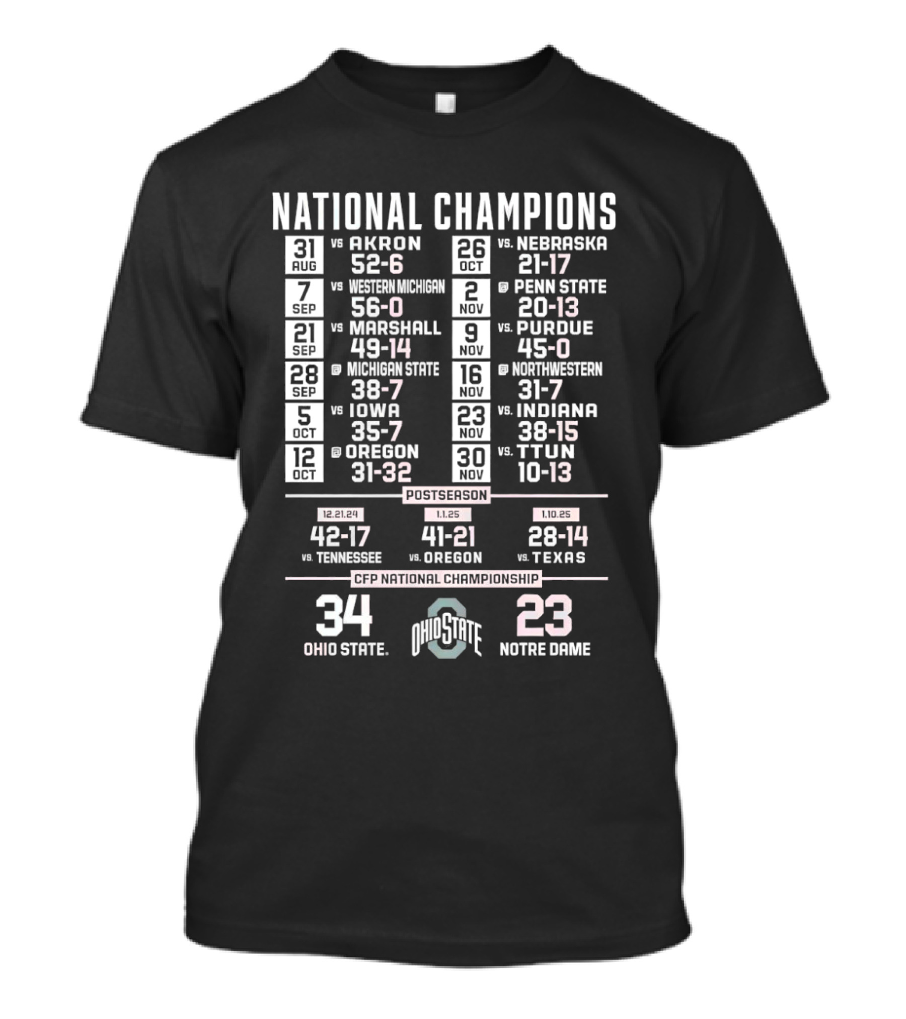 Ohio State Buckeyes 2024 National Champions Schedule NCAA Playoff Scores T-Shirt