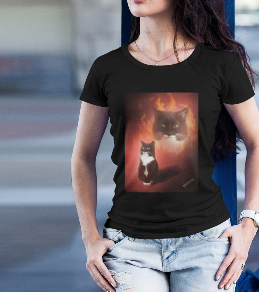 Olan Meows Black And White Cat Flames Retro Theme T-Shirt