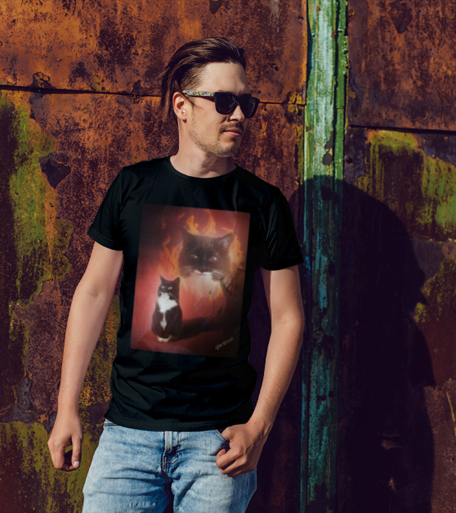 Olan Meows Black And White Cat Flames Retro Theme T-Shirt