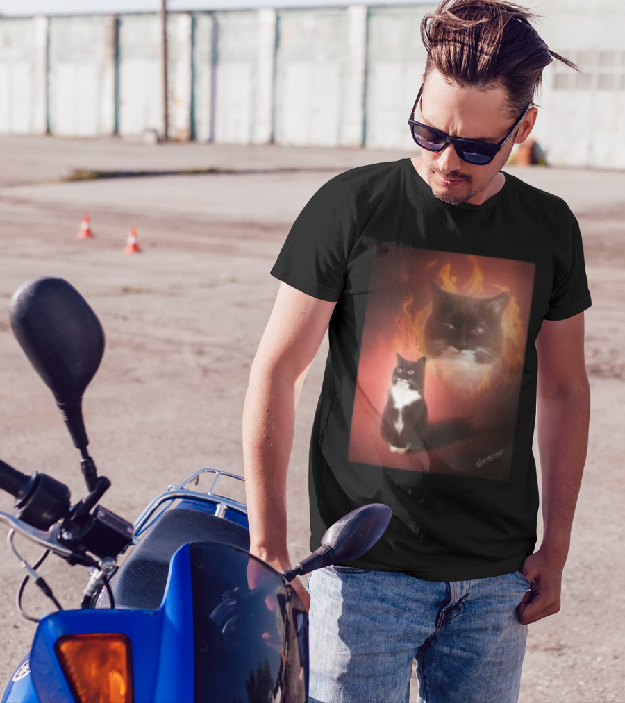 Olan Meows Black And White Cat Flames Retro Theme T-Shirt