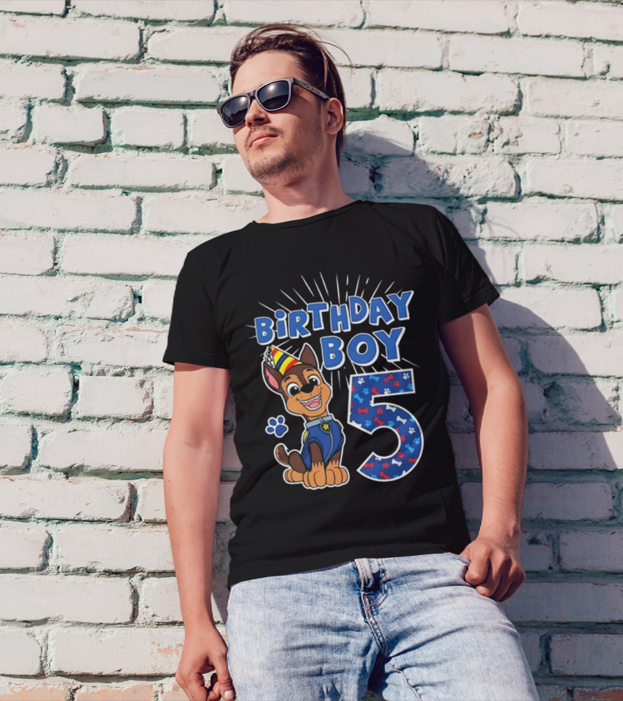 Paw Patrol Birthday Boy 5 Chase Party Hat And Paw Print T-Shirt