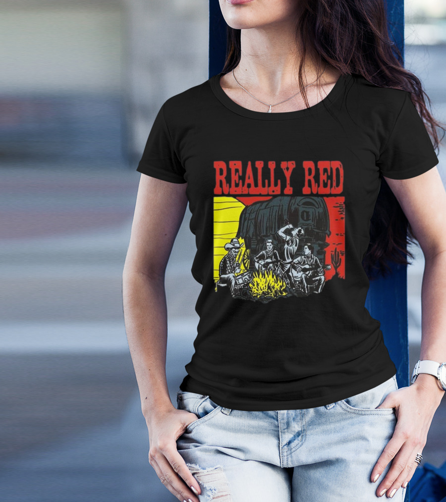 Really Red Cow Punks Campfire Scene With Musical Cowboys And Wagon T-Shirt
