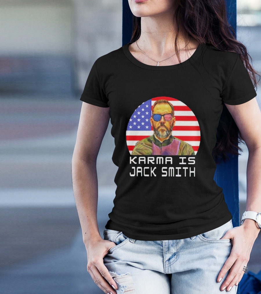 Karma Is Jack Smith With American Flag Background And Patriotic Sunglasses T-Shirt
