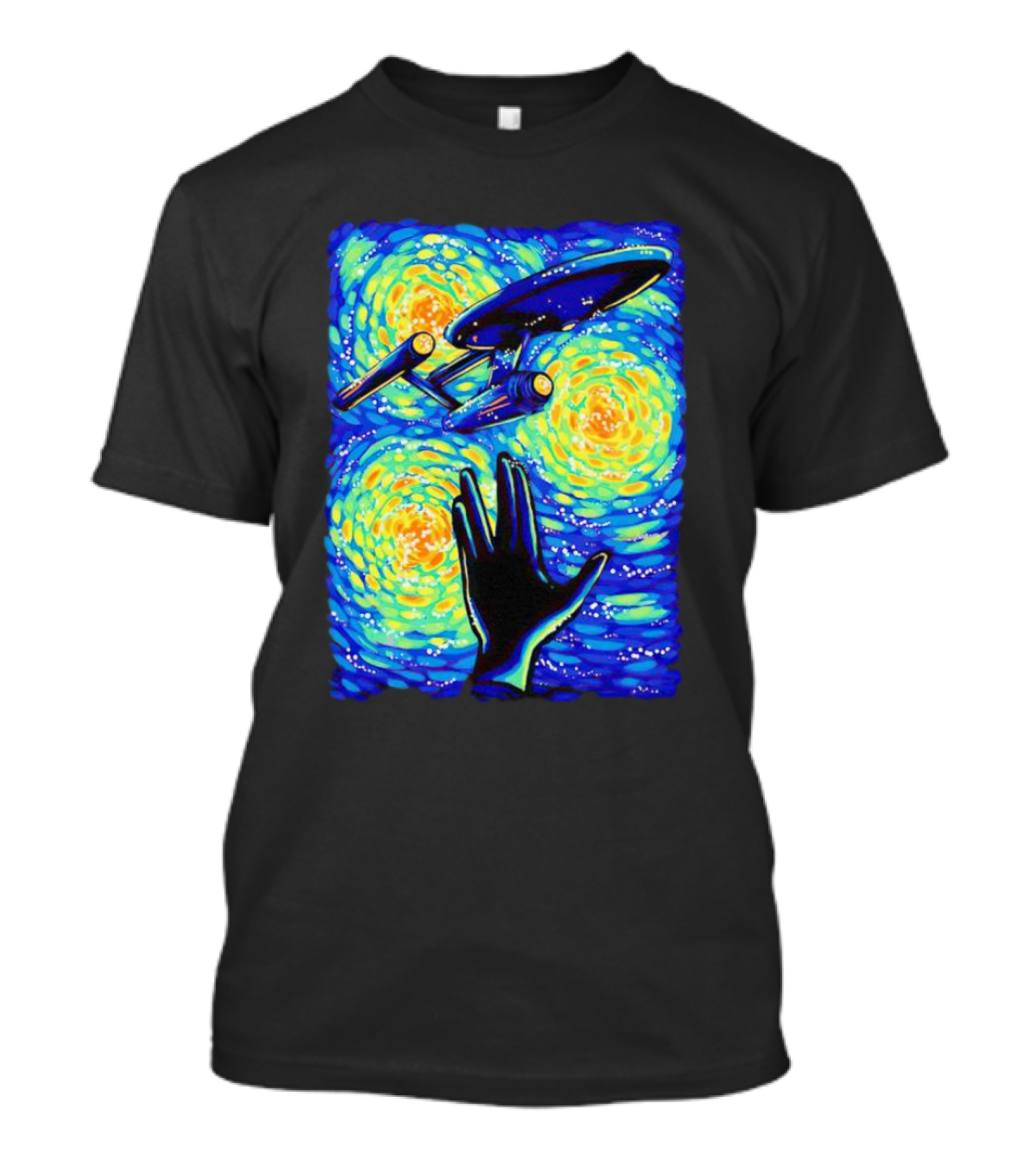 Star Trek Enterprise In Starry Night With Vulcan Salute Starry Trek T-Shirt