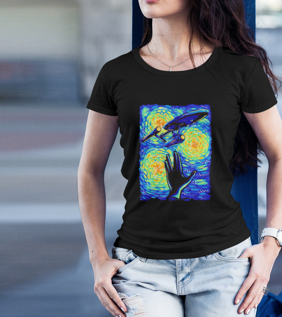 Star Trek Enterprise In Starry Night With Vulcan Salute Starry Trek T-Shirt