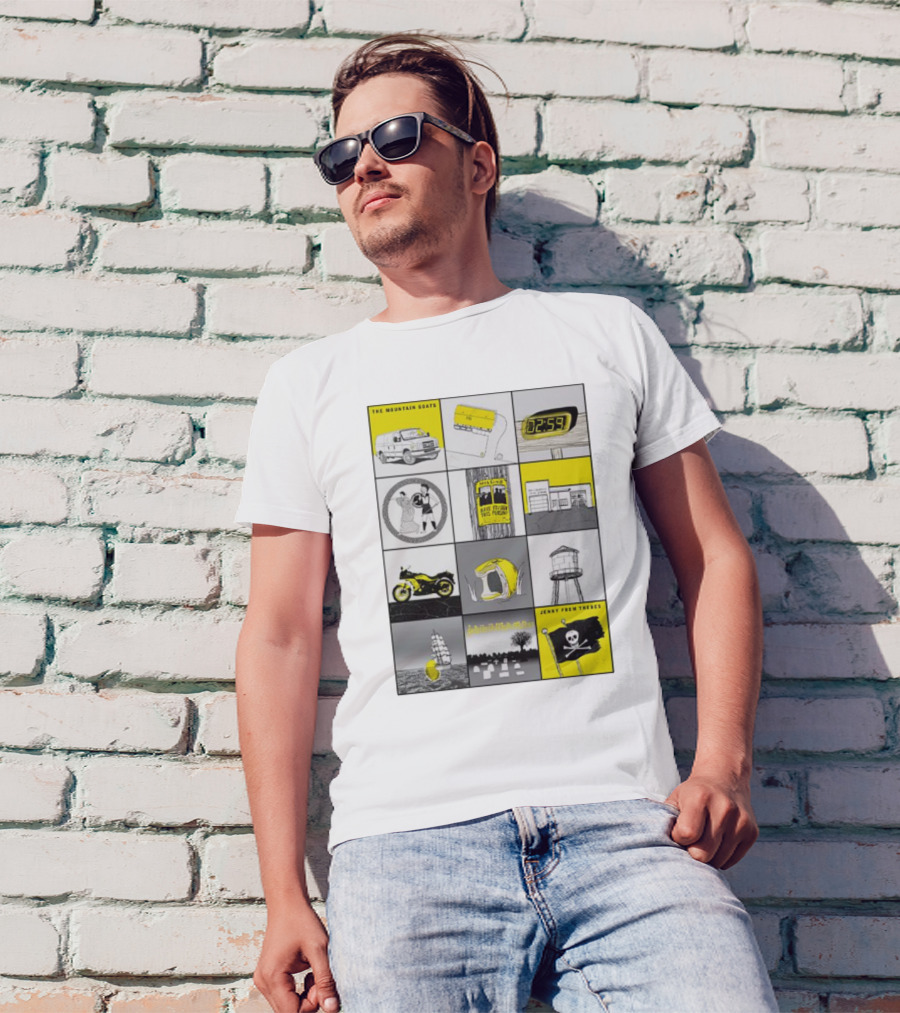 The Mountain Goats Jenny From Thebes Album Art Collage With Van Cassette Clock Sports Motorcycle Tree Water Tower Pirate Ship T-Shirt