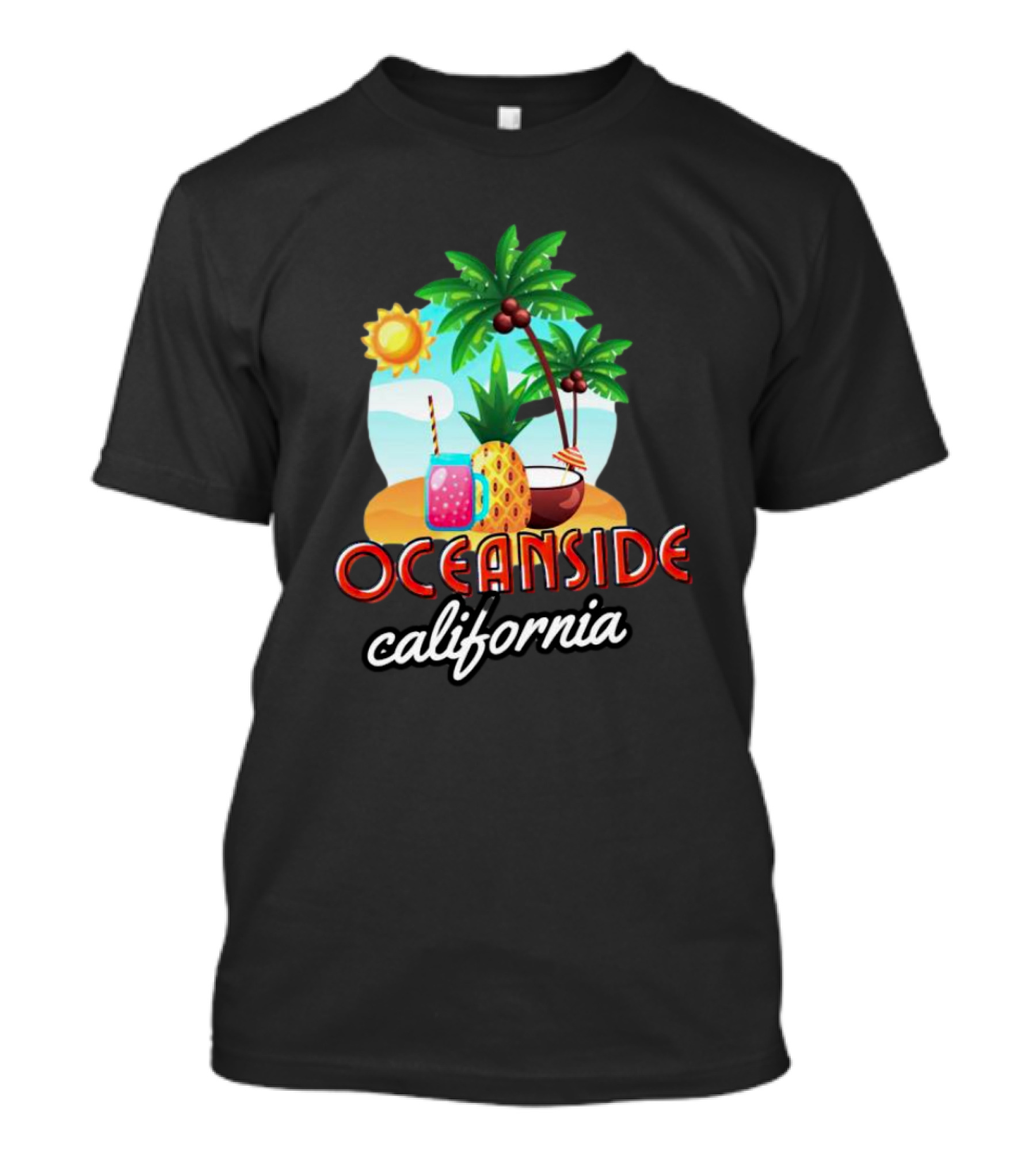 Oceanside California Tropical Beach Scene With Palm Trees, Sun, Pineapple, Coconut Drink, And Refreshing Beverage T-Shirt