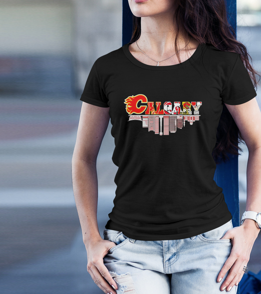 Calgary Flames Inspired Cityscape With Upside Down Skyline And Team Elements T-Shirt