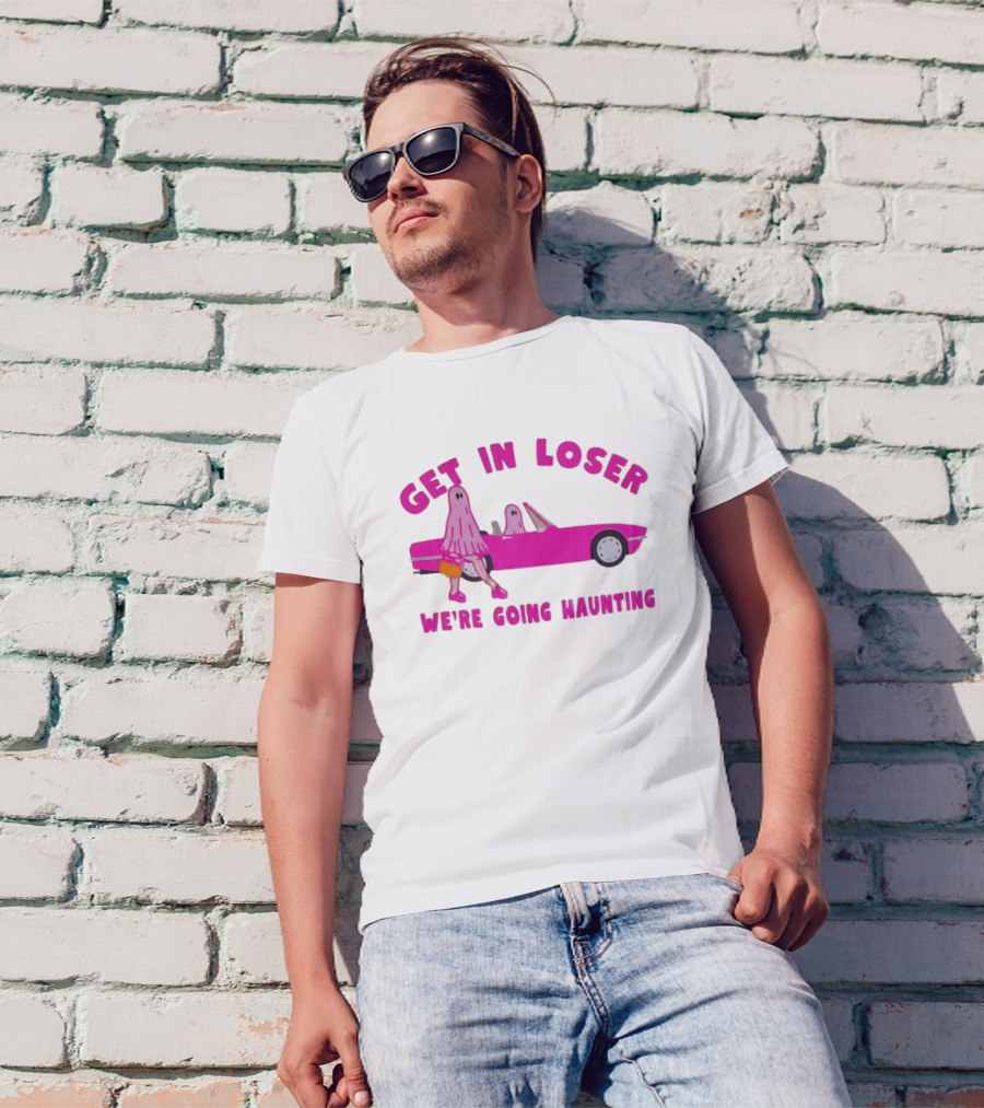 Get In Loser We're Going Haunting Ghost Girl In Pink Car T-Shirt