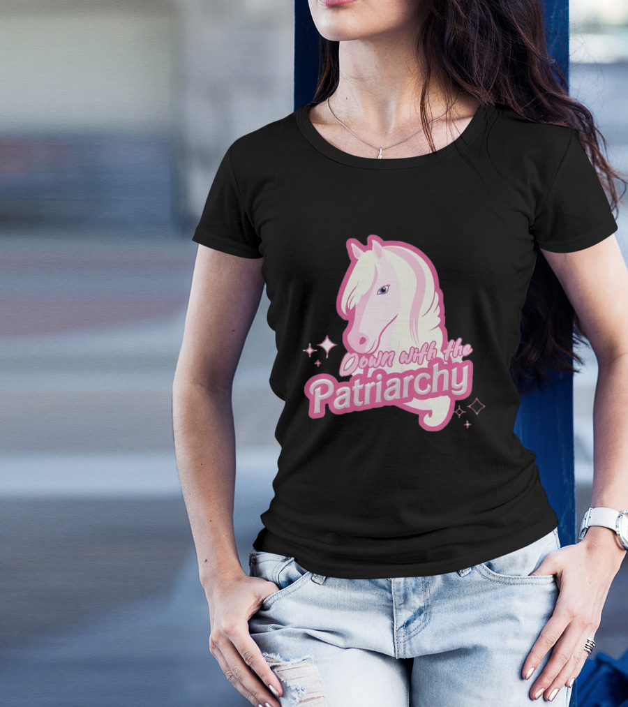 Down With The Patriarchy Pink Horse Illustration With Sparkles T-Shirt