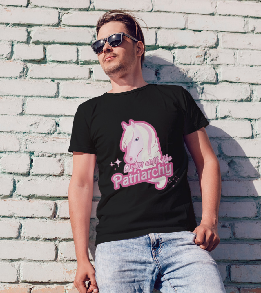 Down With The Patriarchy Pink Horse Illustration With Sparkles T-Shirt