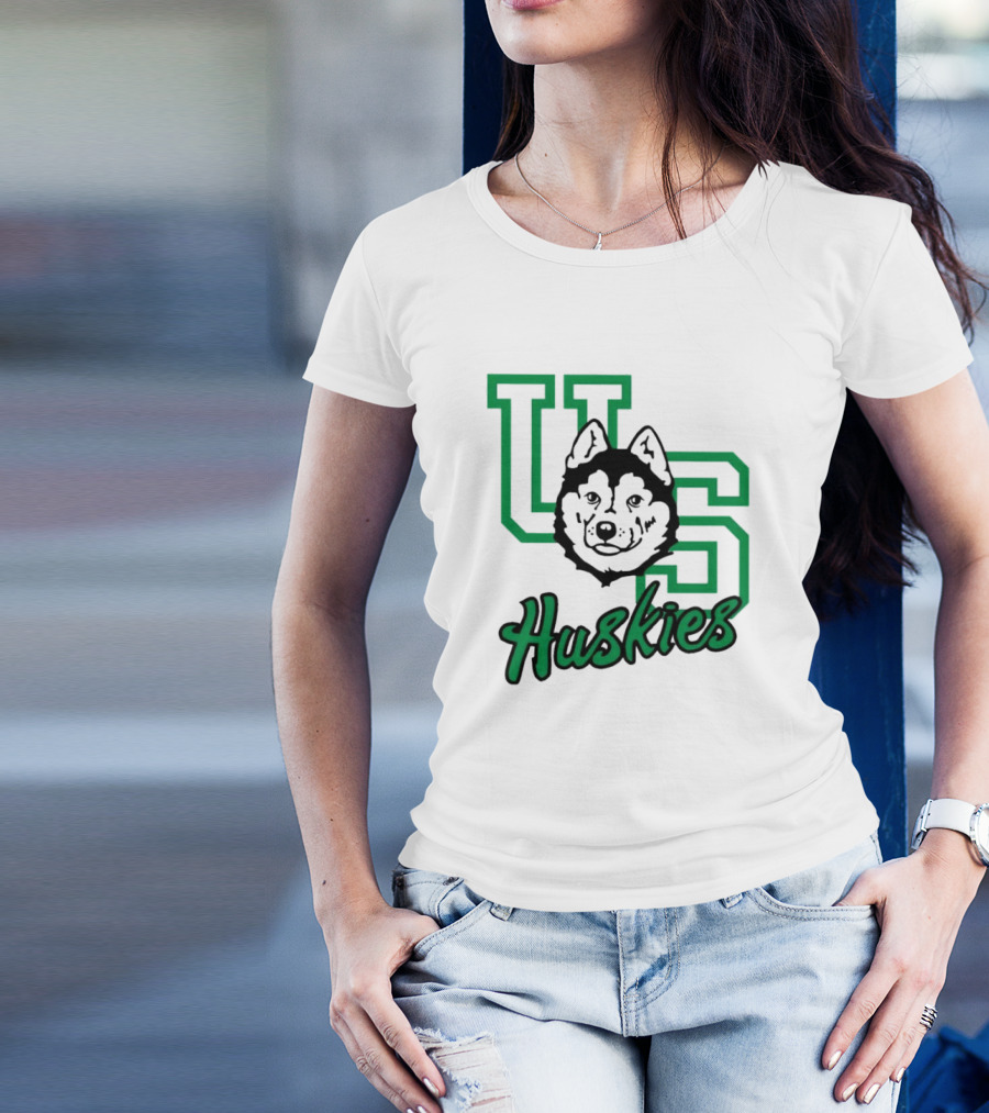 U Of S Huskies Logo With Husky Face Overlapping Bold Green Letters T-Shirt
