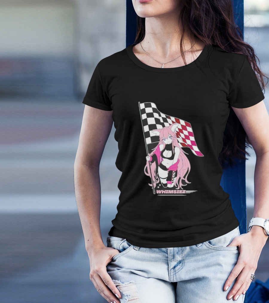 Whimsiez Checkered Flag Pink-Haired Girl Racing T-Shirt