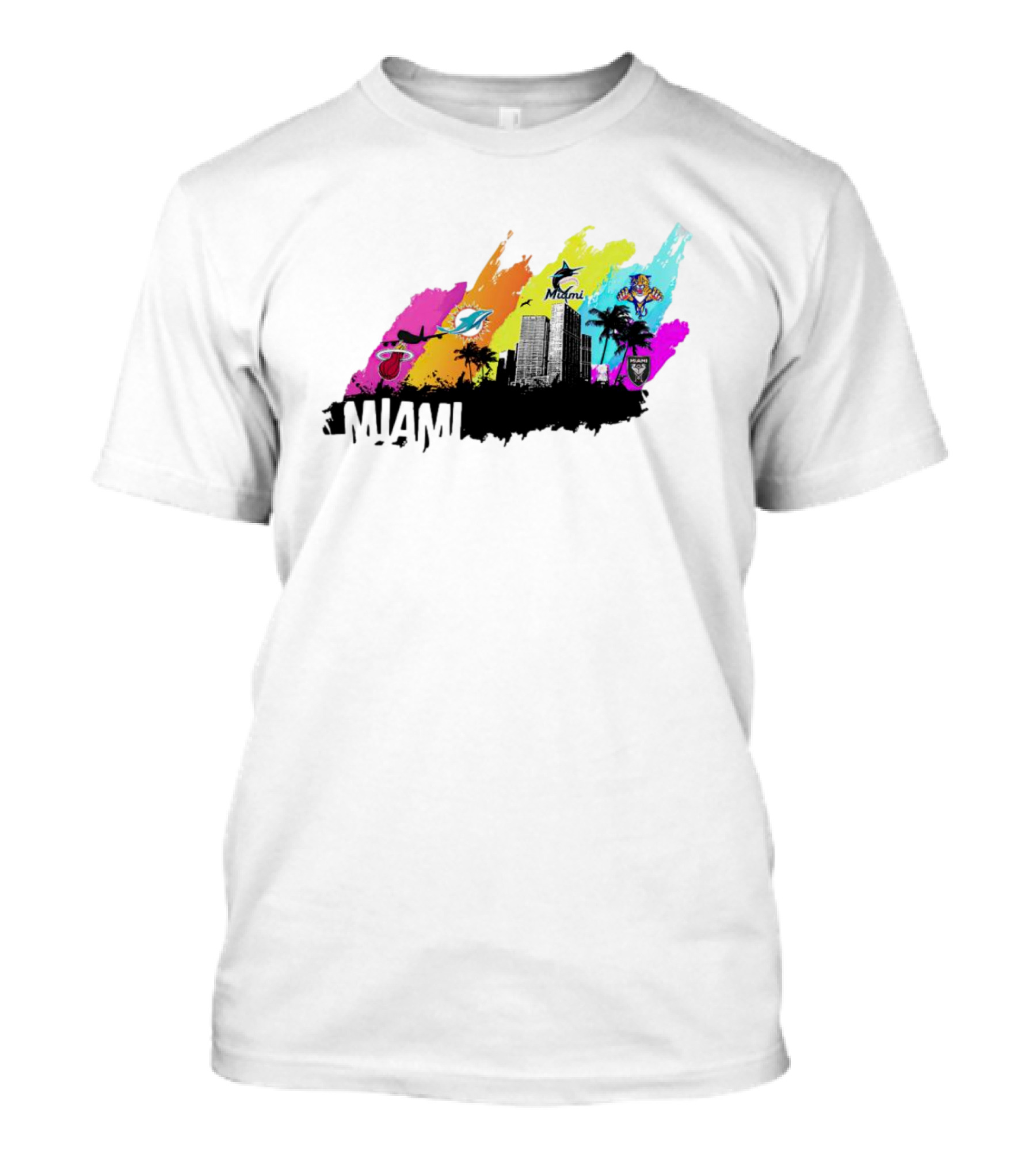 Miami City Skyline With Sports Team Logos And Vibrant Colors T-Shirt