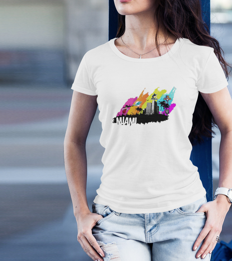 Miami City Skyline With Sports Team Logos And Vibrant Colors T-Shirt