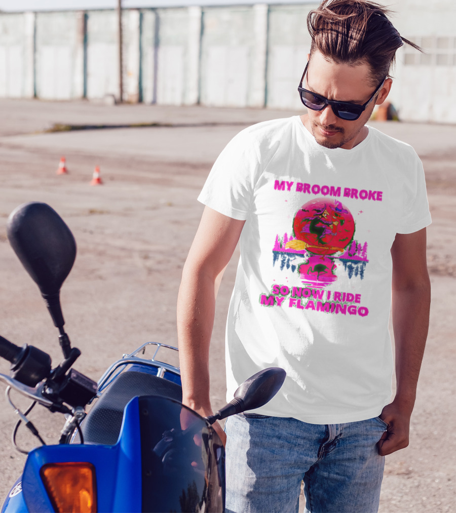 My Broom Broke So Now I Ride My Flamingo Neon Witch And Flamingo Moon Scene T-Shirt