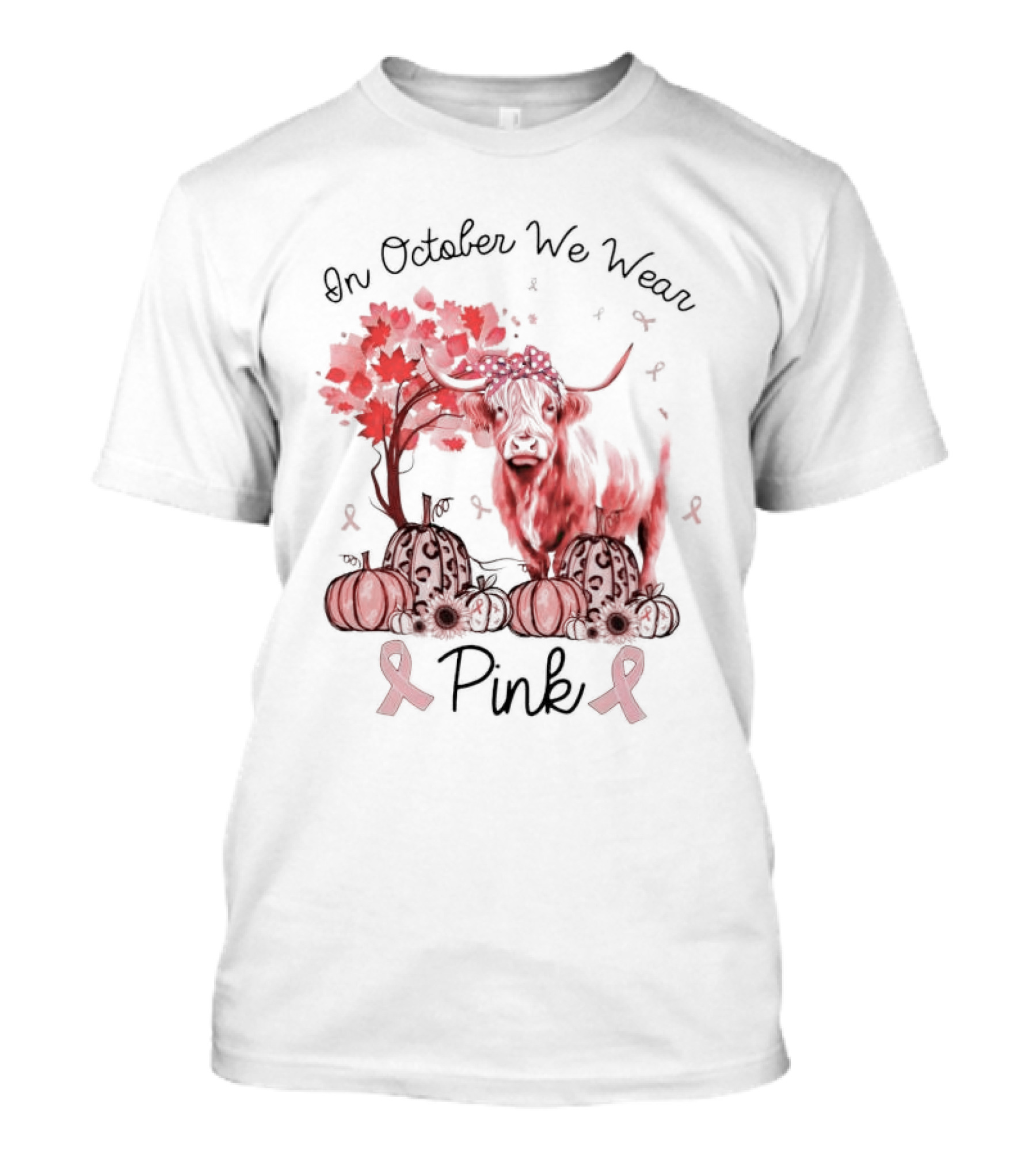 In October We Wear Pink Cow With Pumpkins And Awareness Ribbons T-Shirt