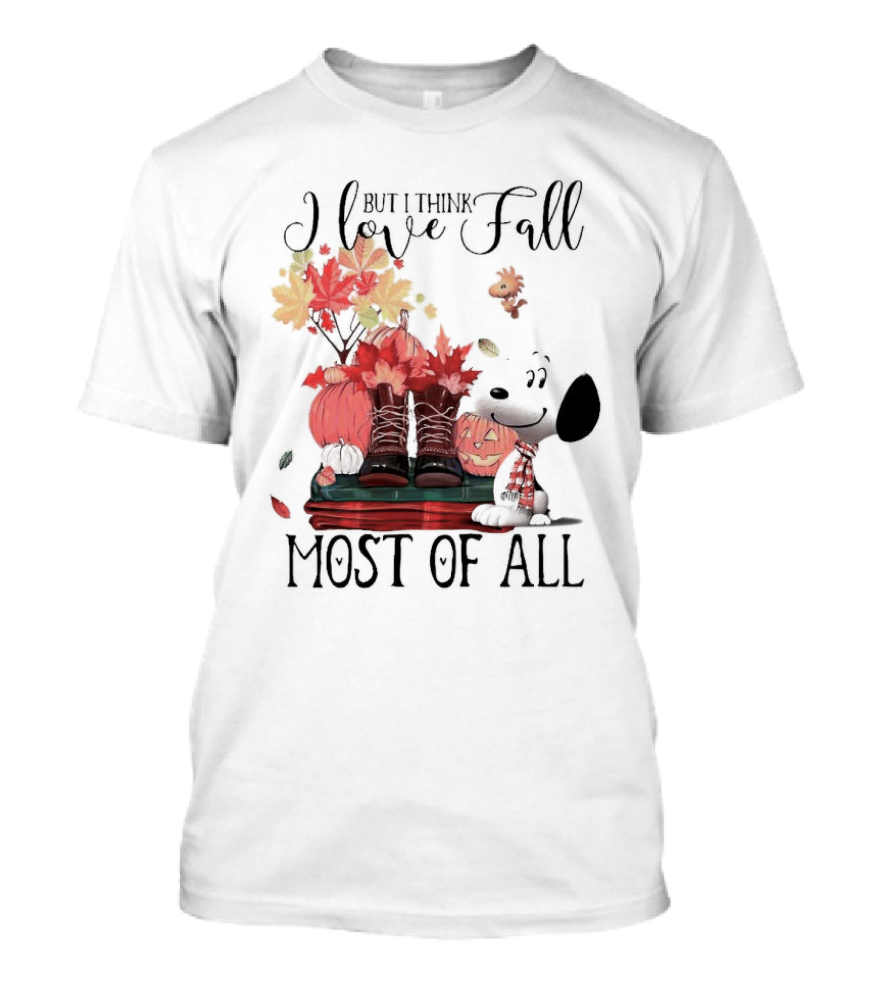 I Love Fall Most Of All Snoopy Dog With Boots Pumpkins And Leaves T-Shirt