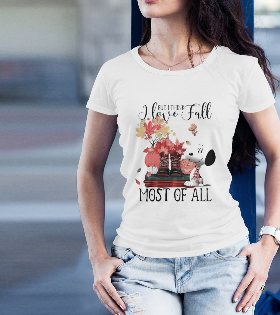 I Love Fall Most Of All Snoopy Dog With Boots Pumpkins And Leaves T-Shirt