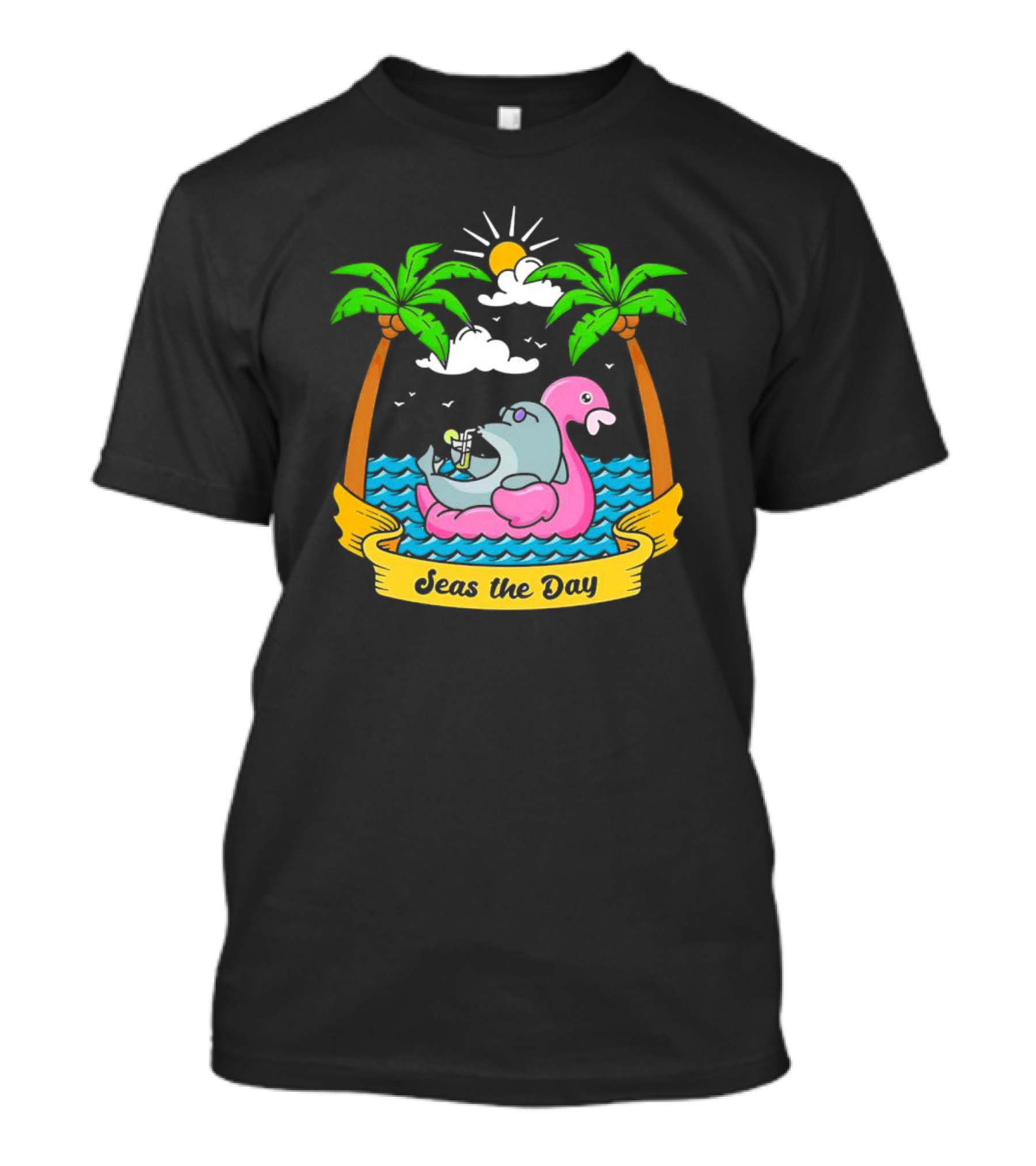 Seas The Day Relaxed Fit Palm Trees Flamingo Float Sunshine Clouds Ocean Waves T-Shirt