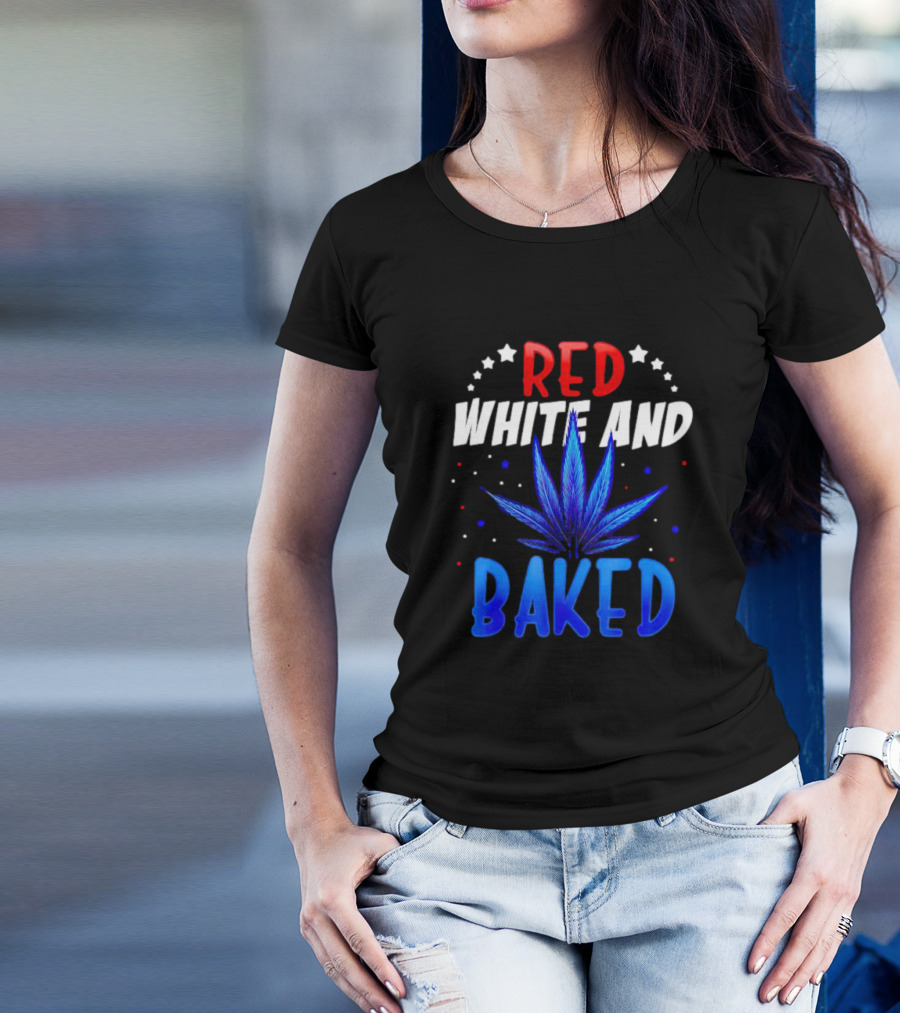 Red White And Baked Weed Leaf With Stars And Dots T-Shirt