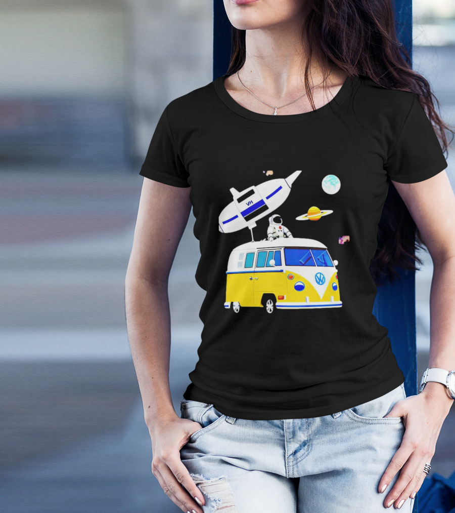 Astronaut Riding Yellow Volkswagen Bus With Rocket And Saturn Planet Background T-Shirt