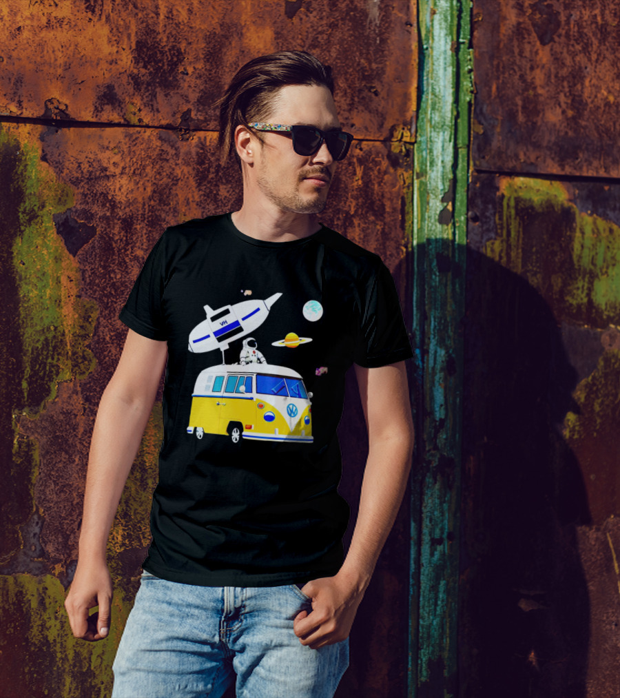Astronaut Riding Yellow Volkswagen Bus With Rocket And Saturn Planet Background T-Shirt