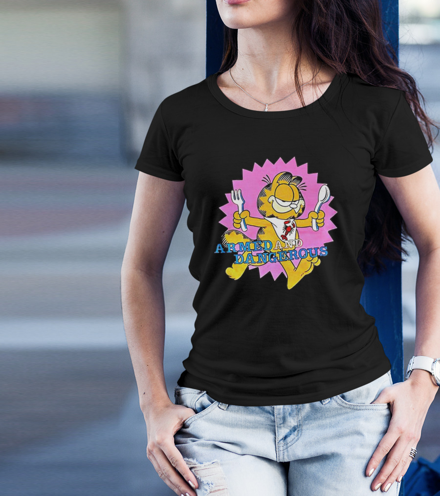 Armed And Dangerous Garfield With Fork And Spoon On Pink Starbursts T-Shirt