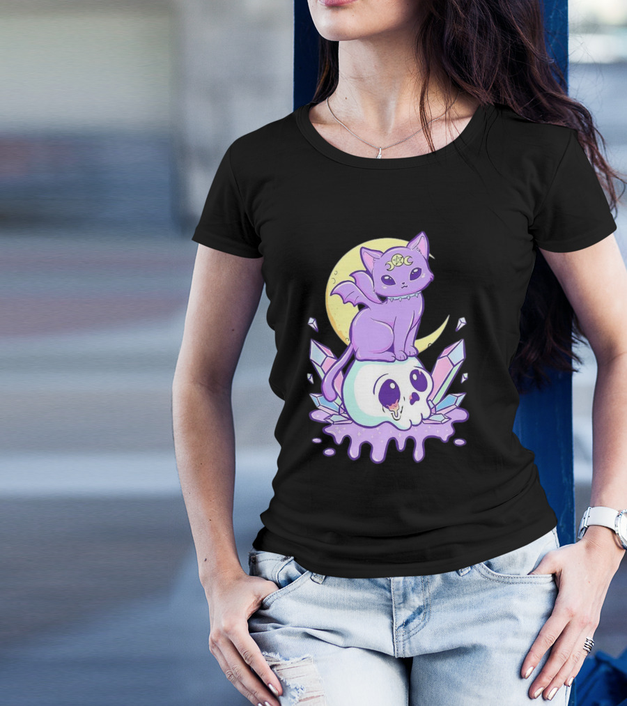 Witchy Cat With Moon And Skull Crystals T-Shirt