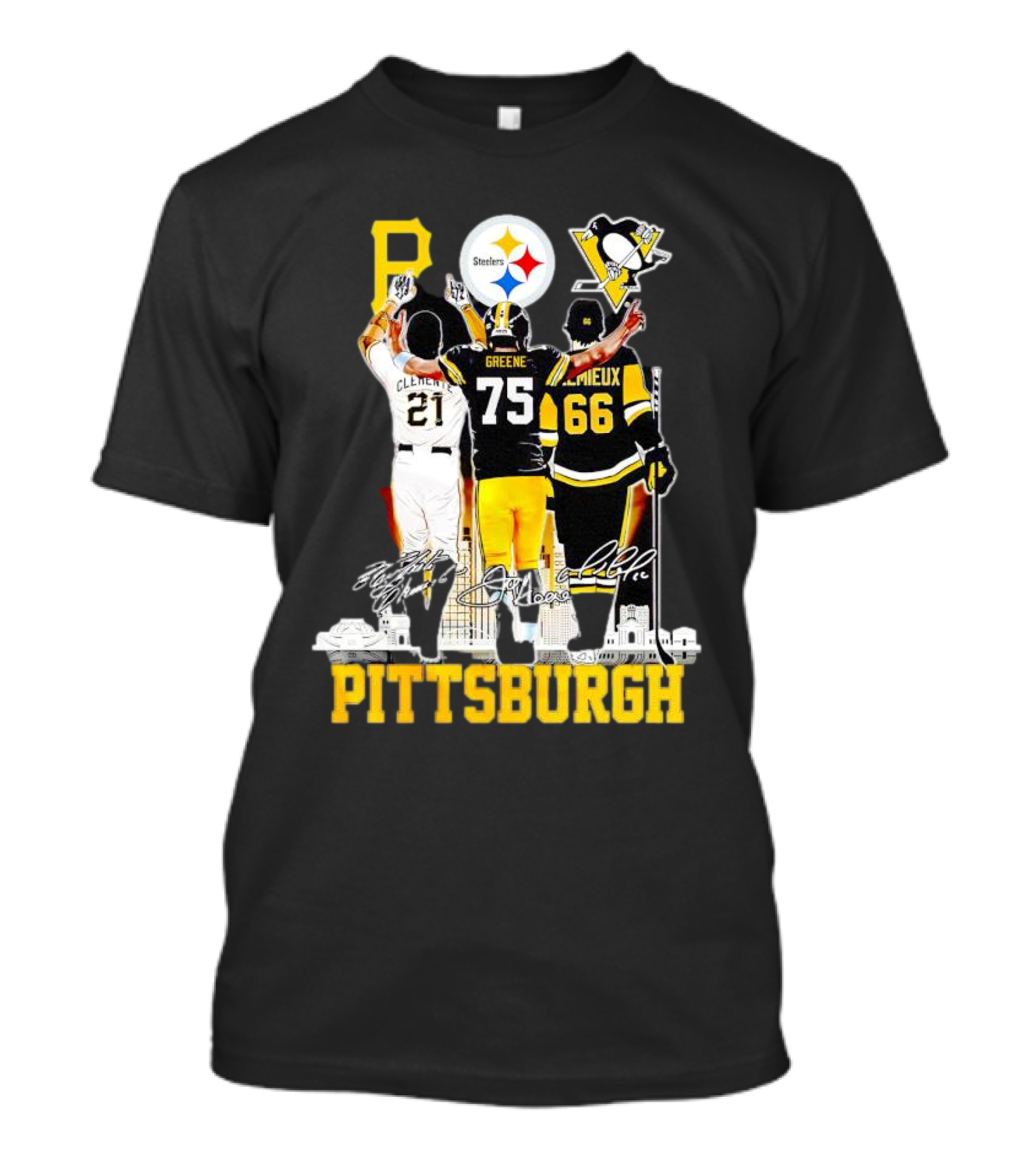 Pittsburgh Steelers Penguins Pirates Clemente Greene Lemieux Signatures T-Shirt