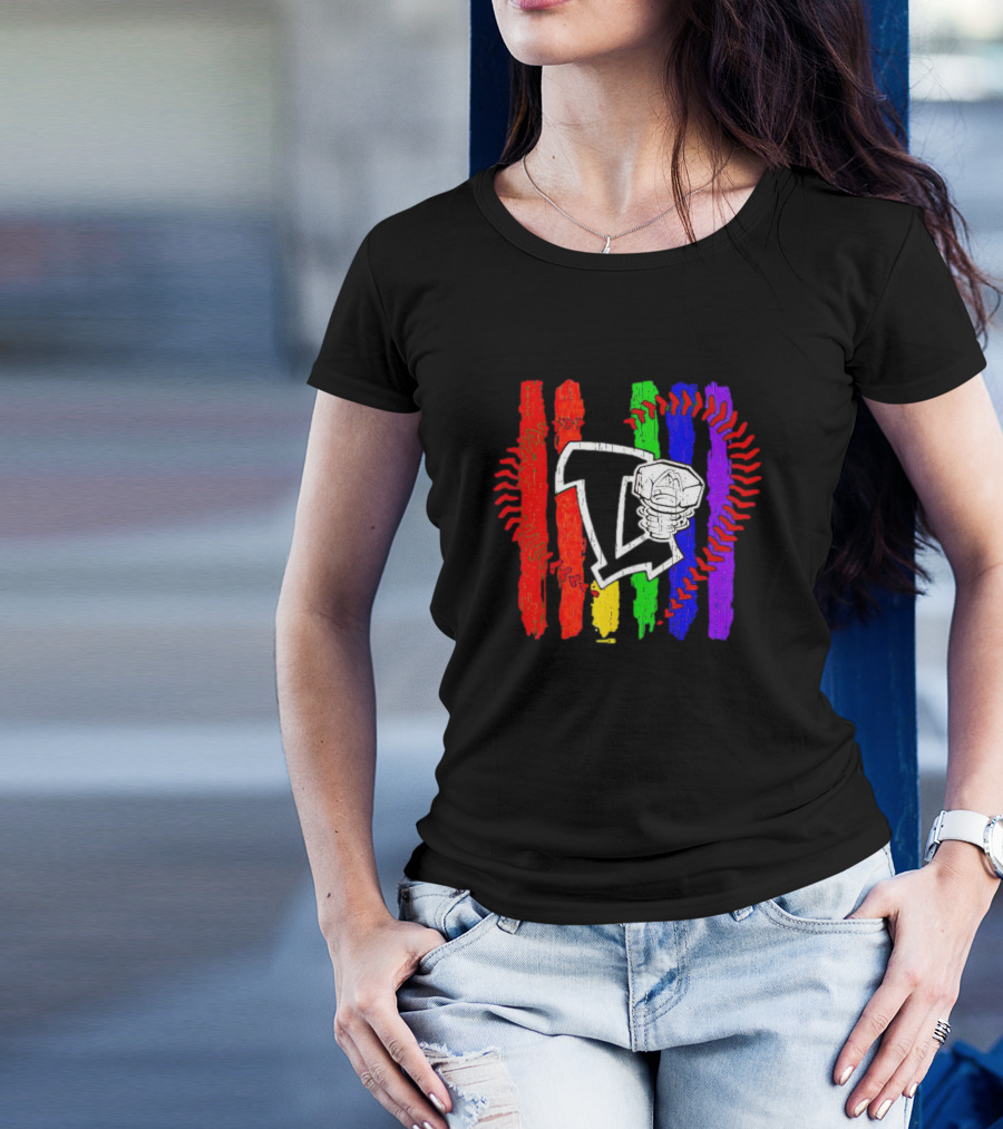 Lansing Lugnuts Pride Logo With Rainbow Stripes And Baseball Seam T-Shirt