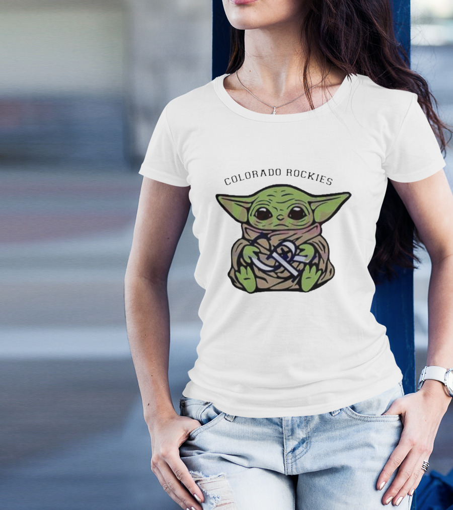 Baby Yoda Hugging Colorado Rockies T-Shirt