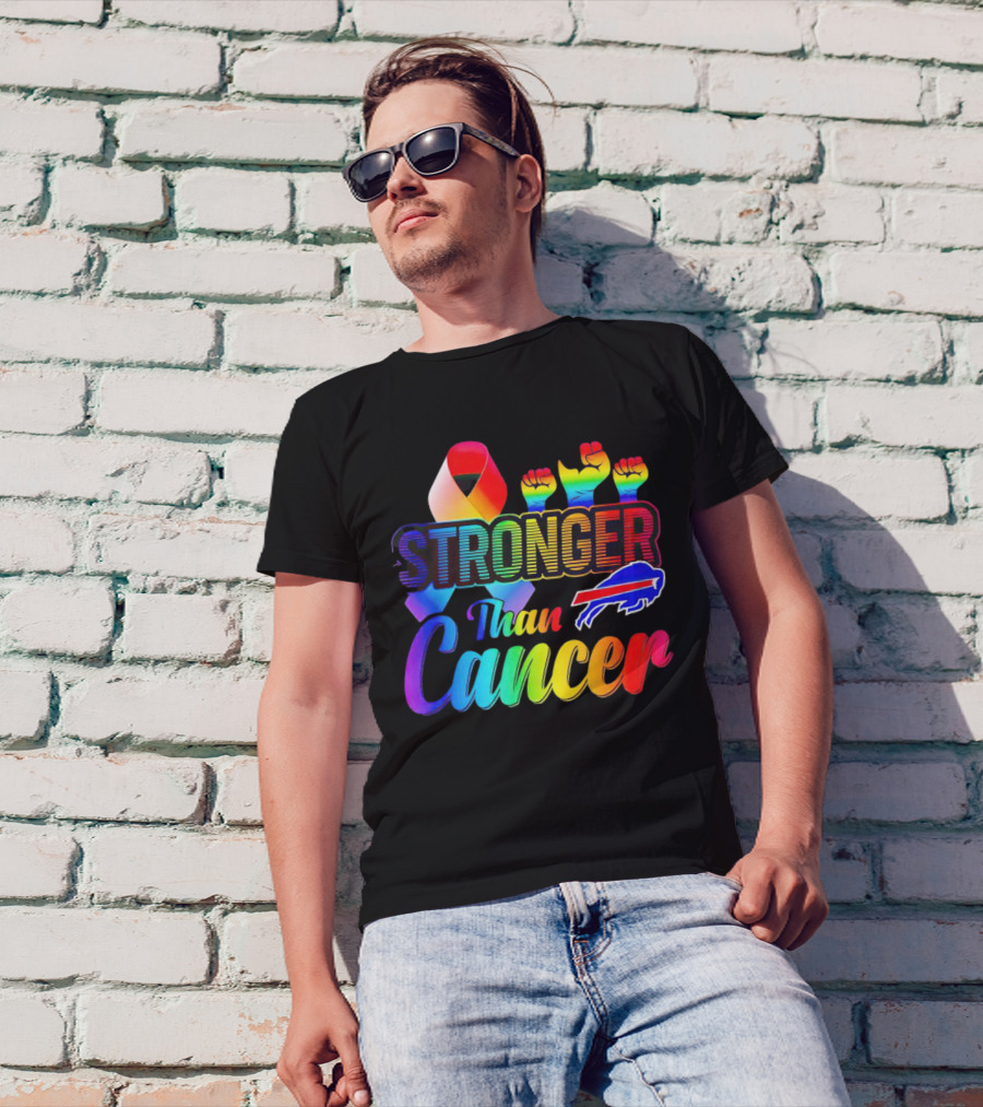 Stronger Than Cancer Buffalo Bills Rainbow Ribbon And Fists T-Shirt