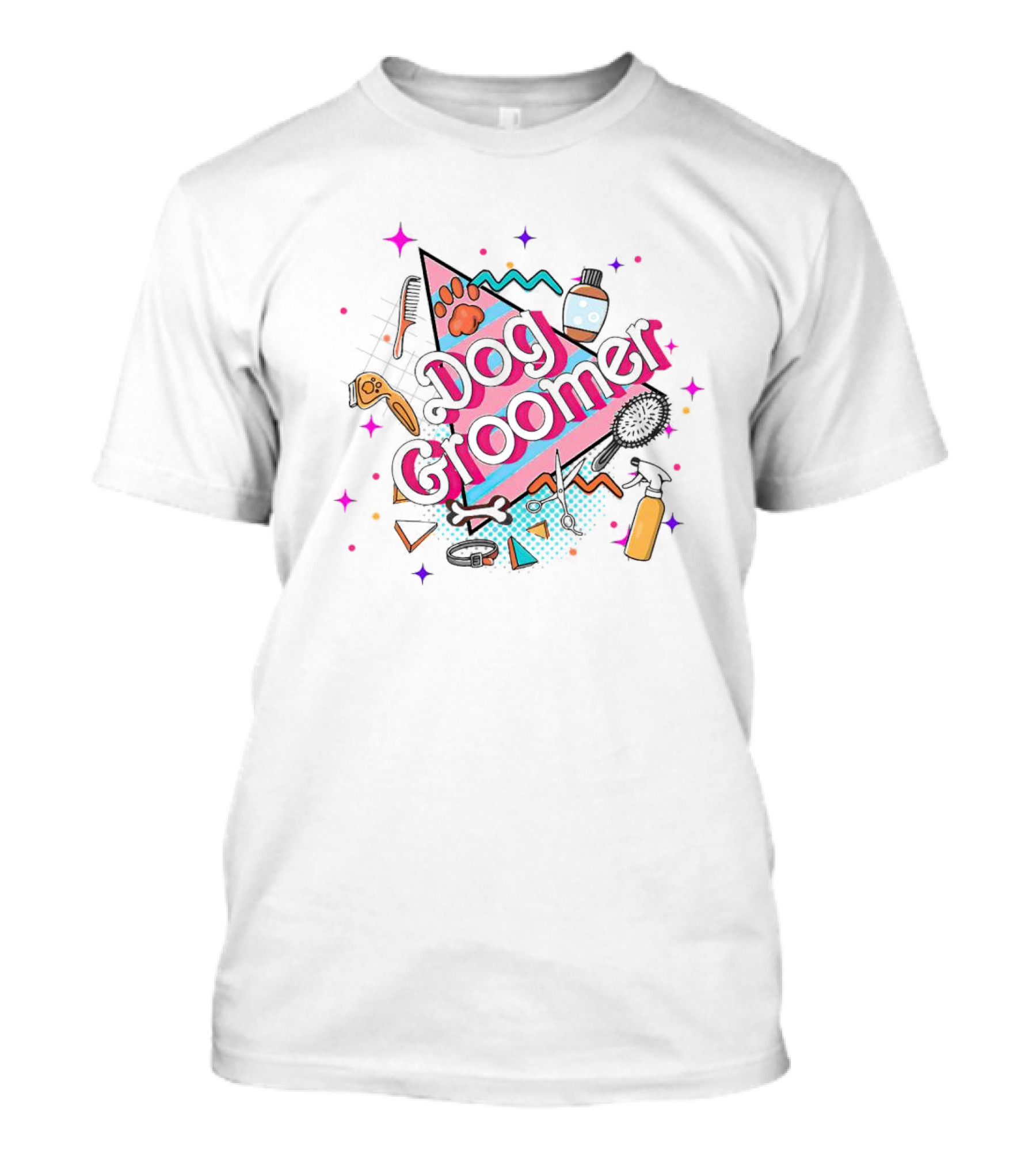 Dog Groomer Retro Pink Triangle Paws And Tools T-Shirt