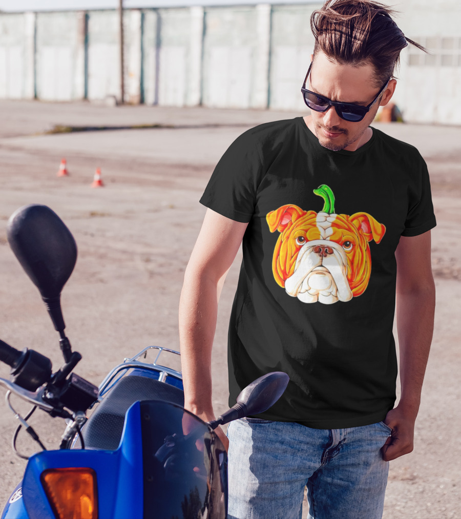 Bulldog Pumpkin Halloween Face With Green Stem T-Shirt