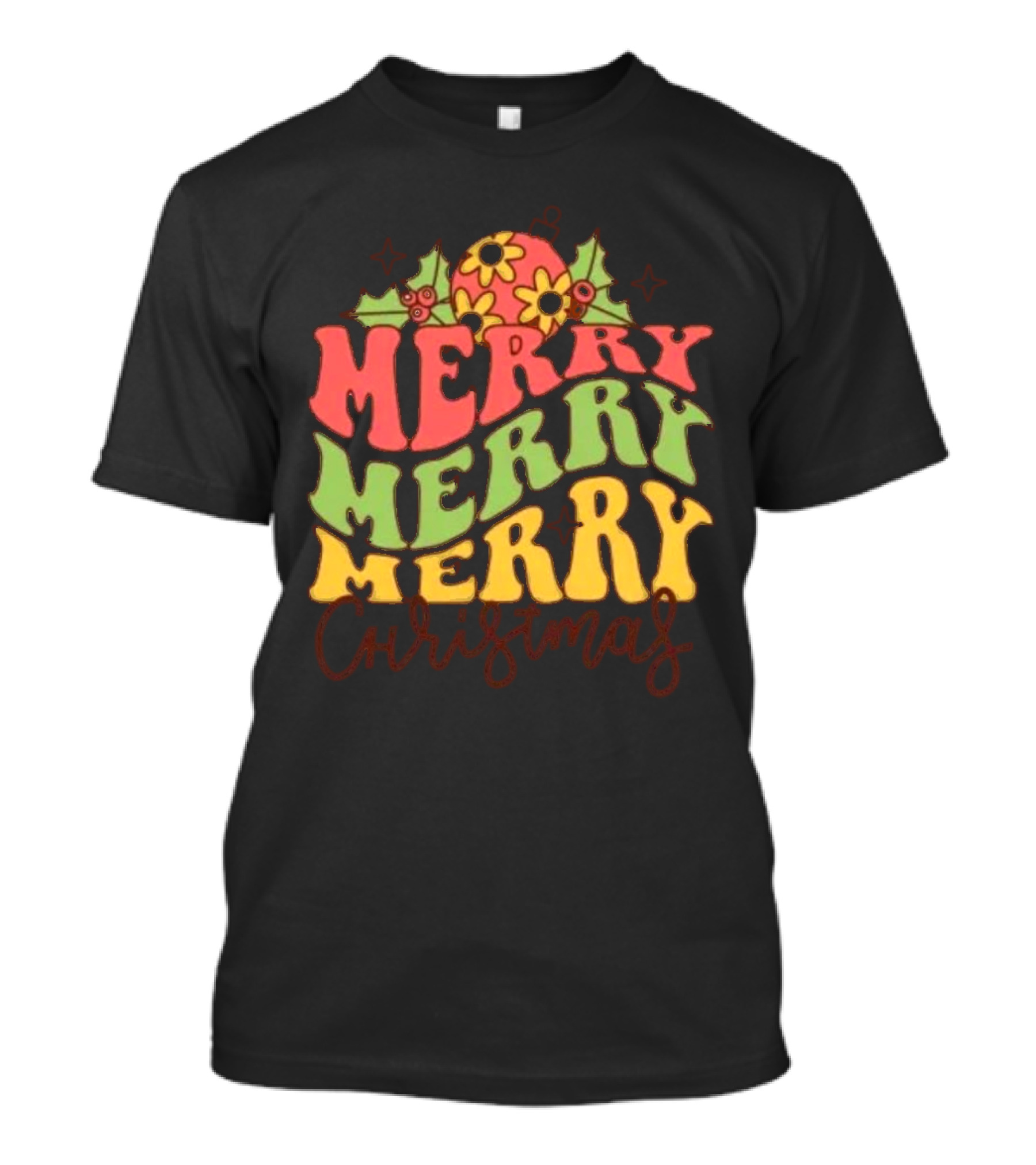 Merry Merry Merry Christmas Retro Flowers And Holly T-Shirt