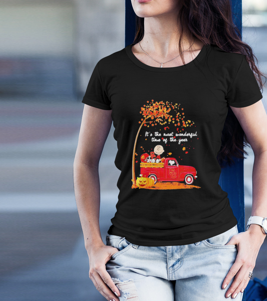Peanuts Characters USC Trojans Fall It's The Most Wonderful Time Of The Year Football Truck Pumpkin Charlie Brown T-Shirt
