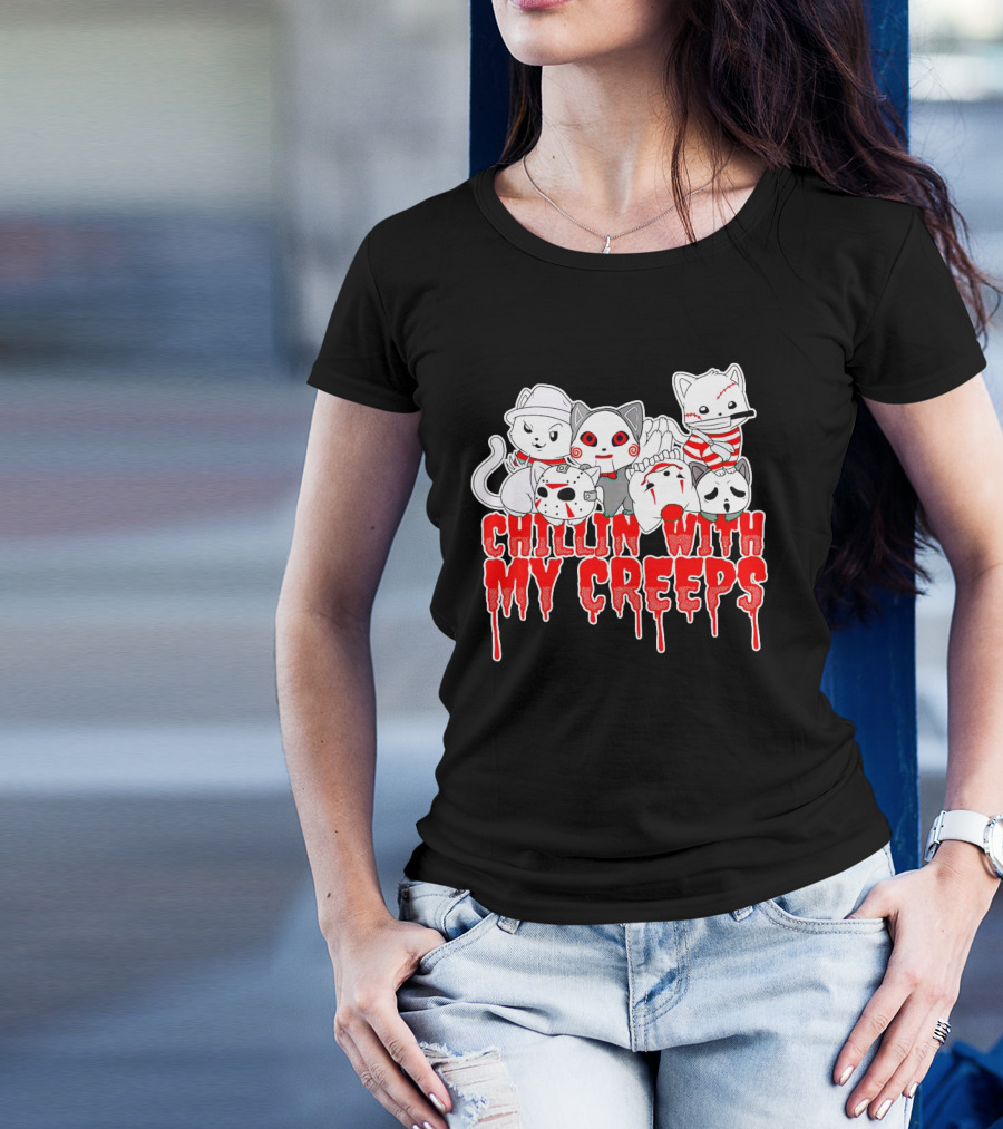 Chillin With My Creeps Cat Horror Icons T-Shirt
