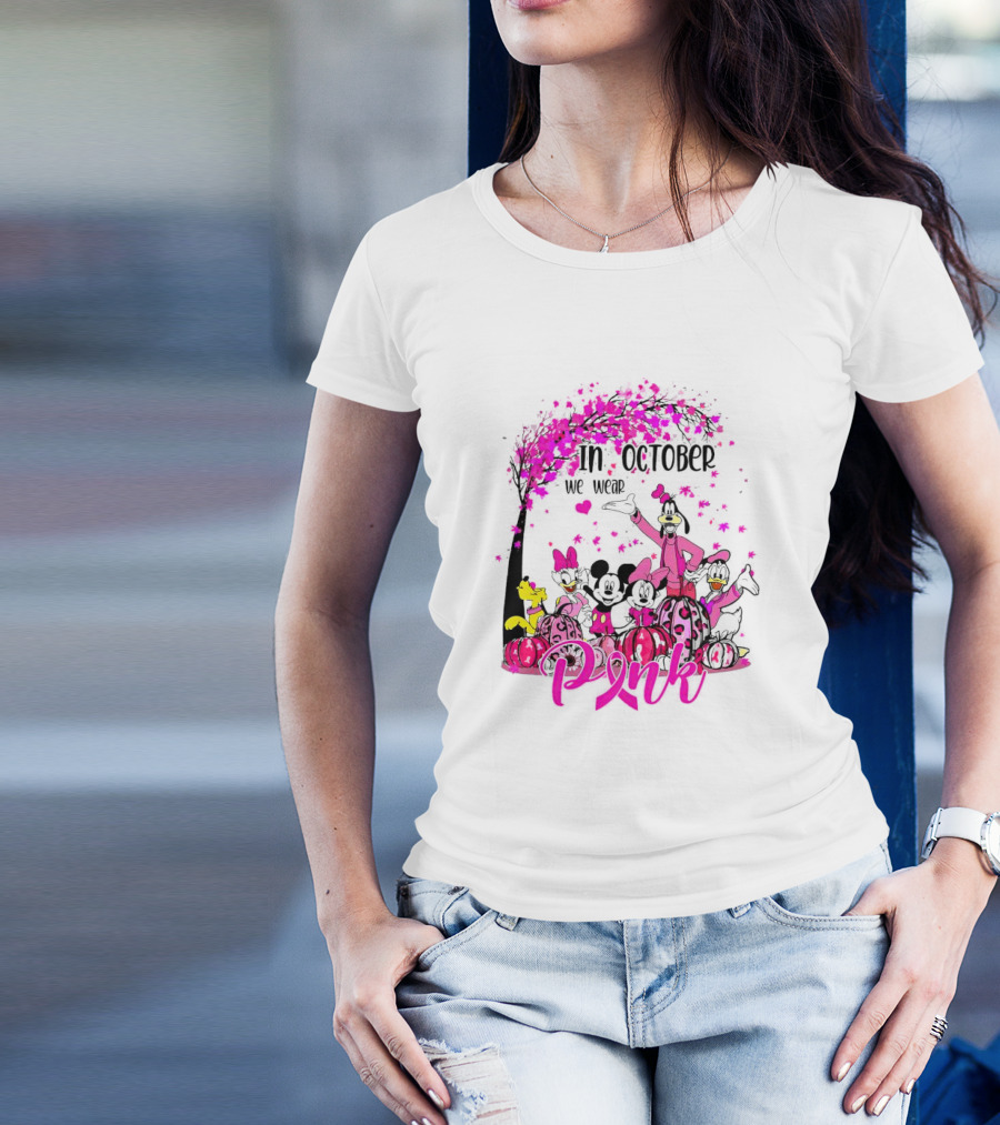 In October We Wear Pink Disney Characters Breast Cancer Awareness T-Shirt