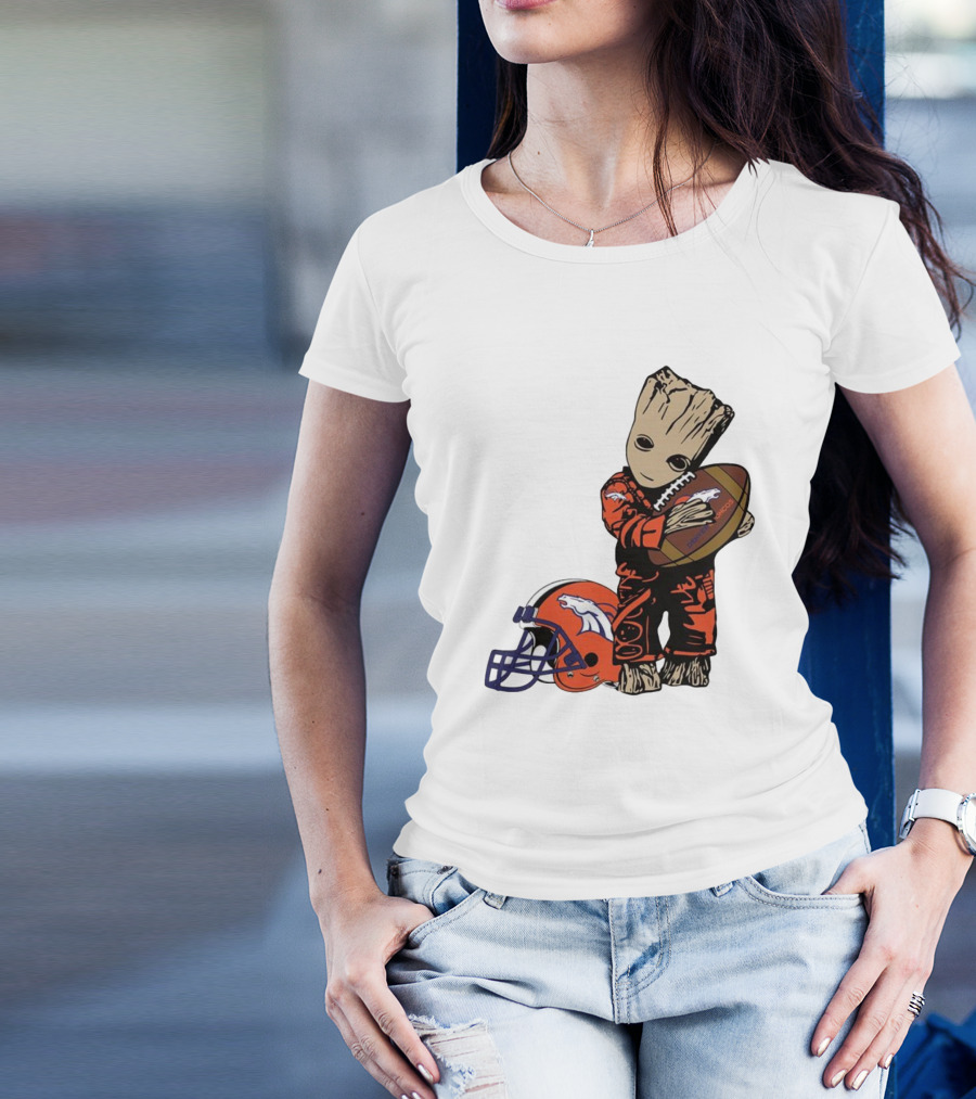 Groot Hugging Denver Broncos Football And Helmet T-Shirt
