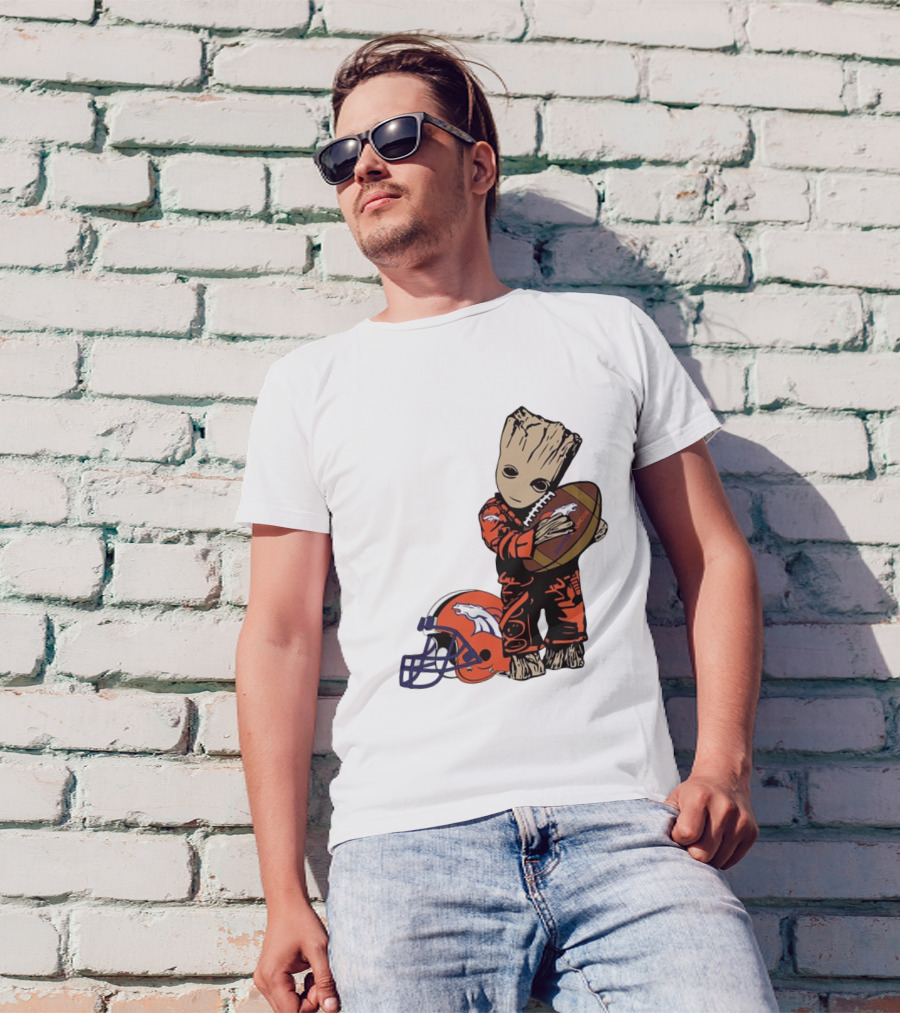 Groot Hugging Denver Broncos Football And Helmet T-Shirt