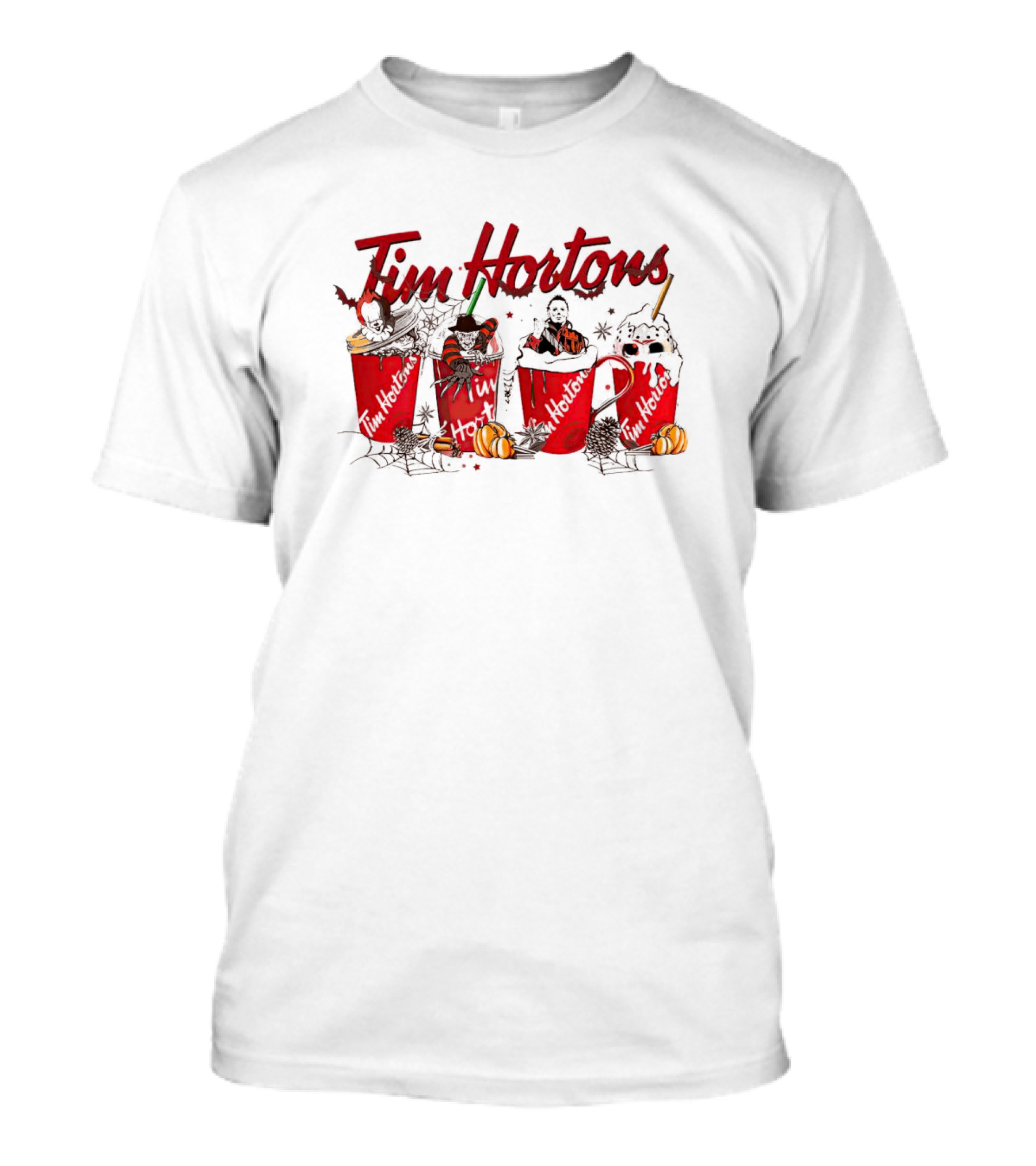 Horror Halloween Tim Hortons Cups With Spooky Figures And Pumpkins T-Shirt