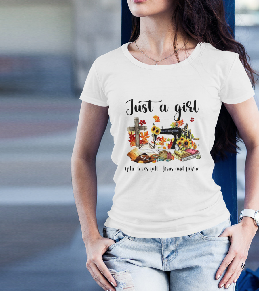 Just A Girl Who Loves Fall Jesus Cross Sewing Fabric T-Shirt