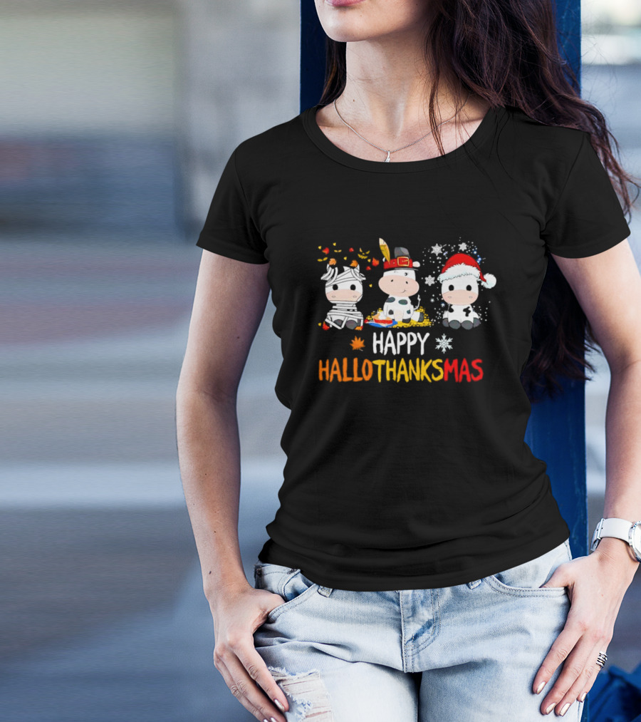 Happy HalloThanksMas Cute Cow Trio In Halloween Thanksgiving Christmas Outfits T-Shirt