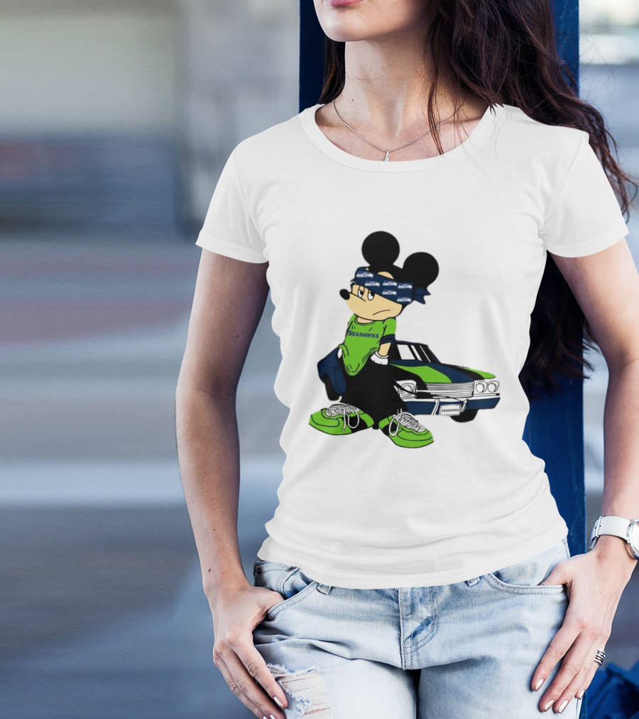 Seattle Seahawks Mickey Mouse Gangster Car Football Fan T-Shirt