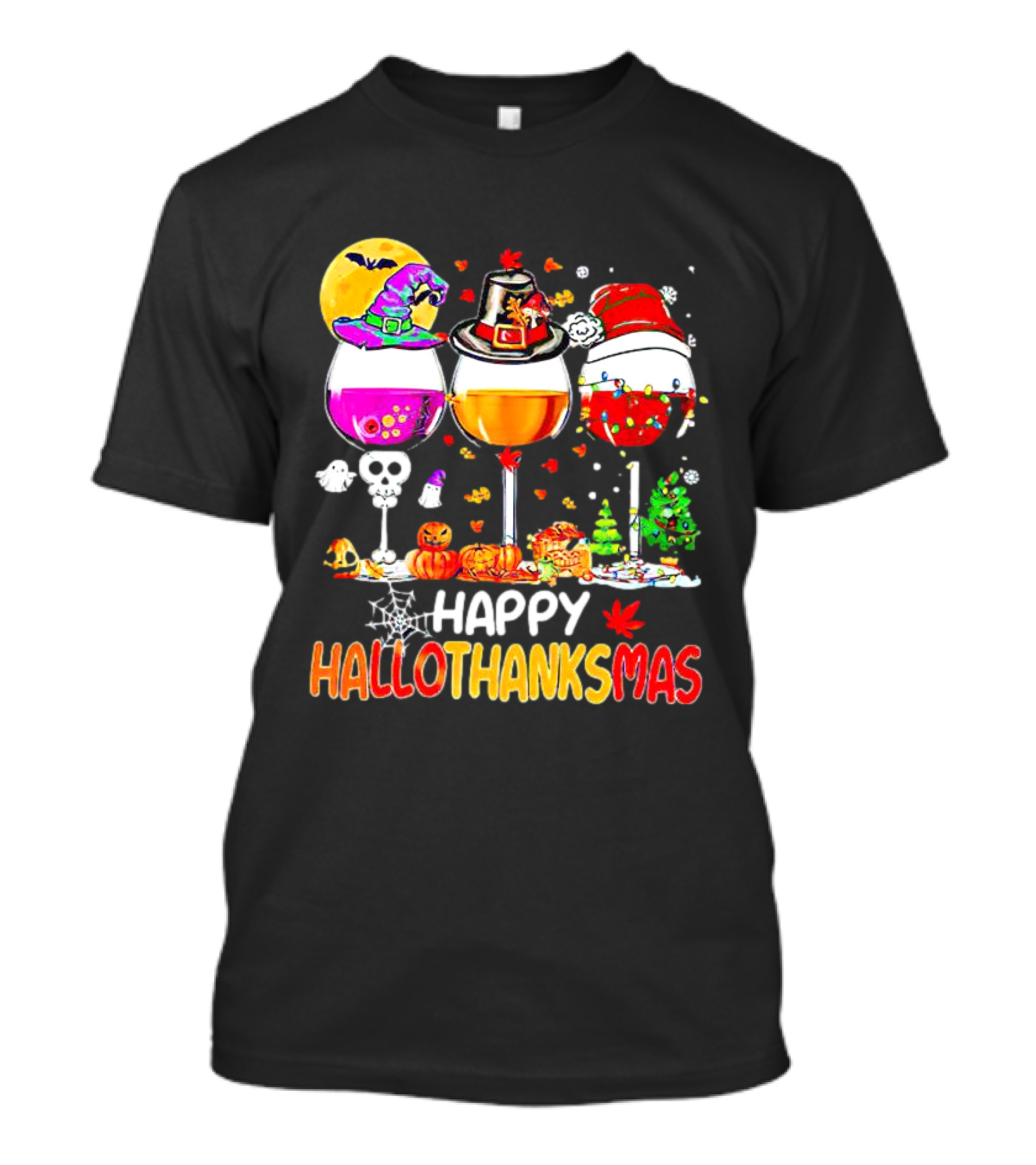 Happy Hallothanksmas Wine Halloween Thanksgiving Christmas T-Shirt
